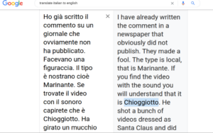 This is a screenshot of words, translated from Italian to English by Google. The writer is saying a YouTube video of a tourist falling int he canal is a fake.