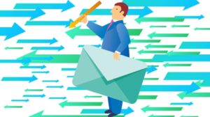 A cartoon graphic of character holding a big envelope. What direction to send it? Originally from a story about Microsoft and its servers in Ireland.