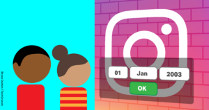 A cartoon of kids looking at Instagram site but also checking their age as they might be too young to be online. From TechCrunch.