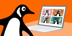 A penguin figure looks at a zoom page that has four penguins joining in.