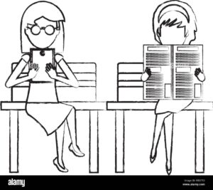 a sketch of two women reading- one has a tablet and the other has a newspaper.